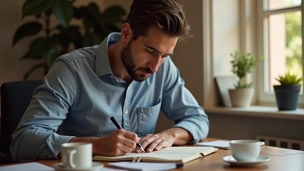Homem escrevendo em um caderno à mesa com café e materiais de trabalho organizados