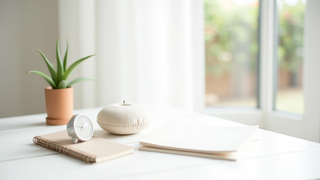 Arranjo minimalista com almofada de meditação, vela acesa, planta verde e relógio em fundo branco limpo