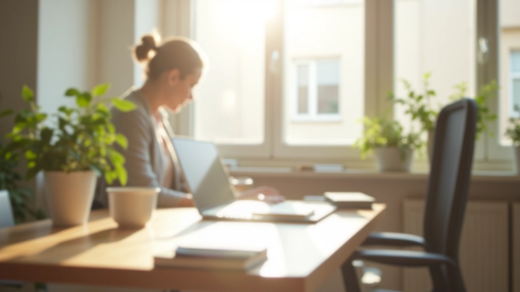 Espaço de trabalho minimalista bem organizado com iluminação natural, plantas e apenas itens essenciais na mesa
