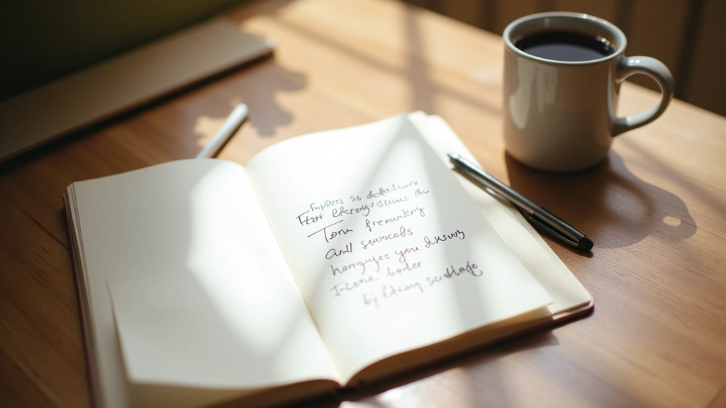 Caderno aberto com anotações, caneta e xícara de café em uma mesa de trabalho minimalista