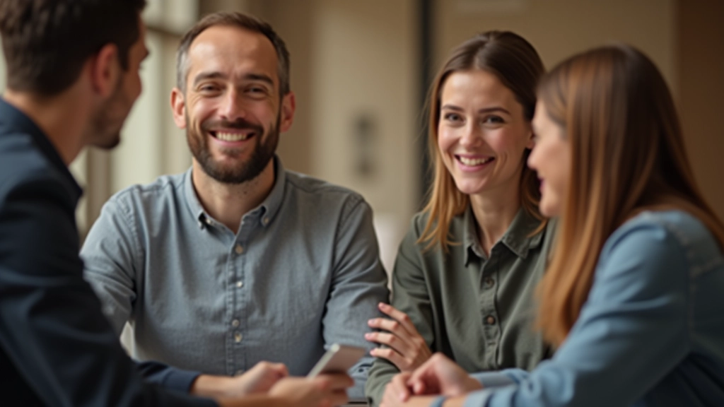 Pessoas em um ambiente de escritório colaborativo, sorrindo durante uma conversa ou reunião de trabalho