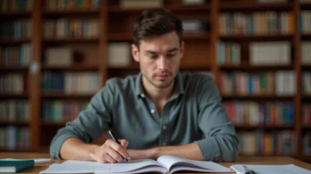 Pessoa em um ambiente de aprendizado com livros e notas, expressão concentrada enquanto estuda com determinação visível
