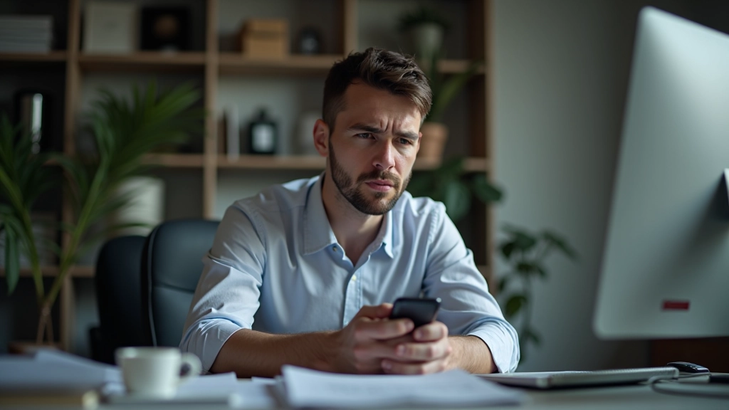 Pessoa rodeada de notificações de celular, distrações visuais e símbolos de interrupções constantes