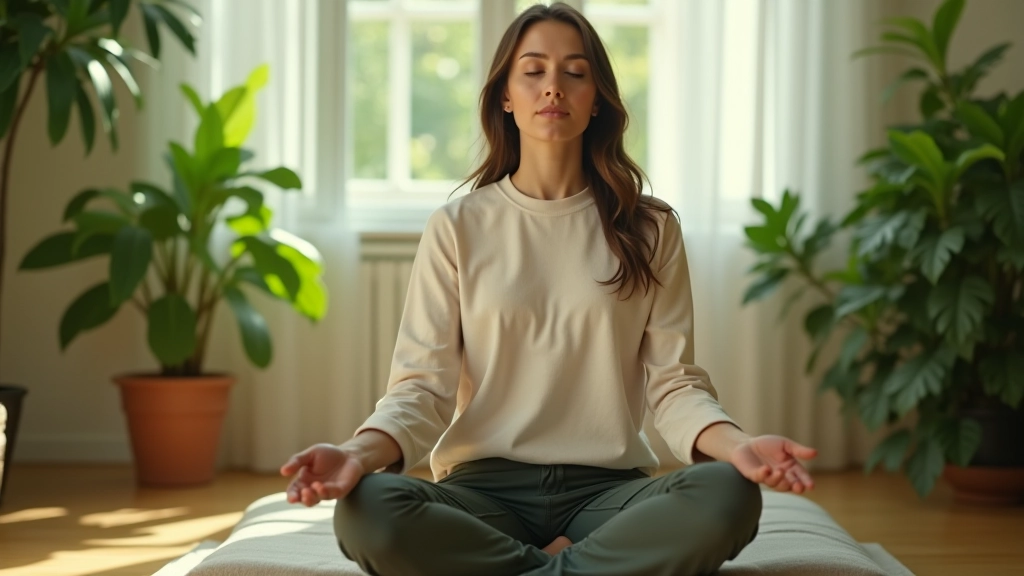 Pessoa em ambiente calmo com plantas verdes ao redor, sentada com postura relaxada em almofada confortável
