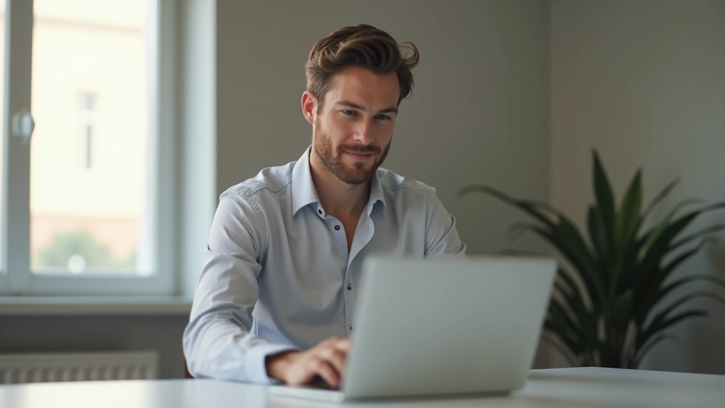 Profissional concentrado em sua mesa de trabalho, ambiente minimalista com apenas o necessário, luz natural