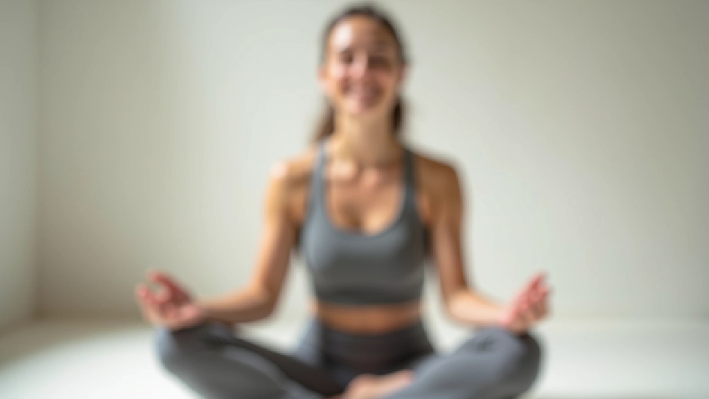 Pessoa em um estúdio de meditação bem iluminado, sentada em postura relaxada com os olhos fechados e expressão pacífica