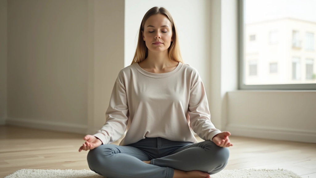 Pessoa praticando meditação ou exercício de respiração, ambiente tranquilo, expressão de calma