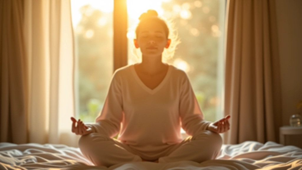 Pessoa em meditação matinal em frente a janela com luz natural morna ao nascer do sol, ambiente tranquilo