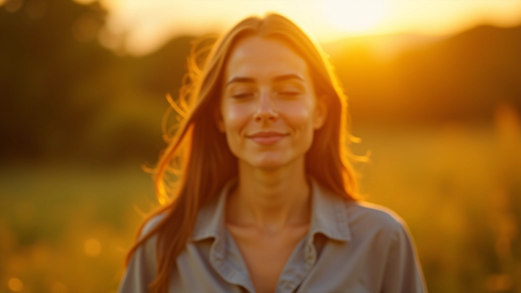 Pessoa em ambiente natural tranquilo praticando meditação com expressão serena ao pôr do sol