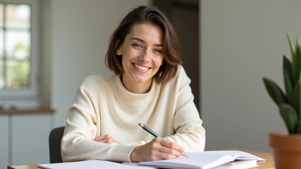 Mulher sorrindo enquanto olha para anotações em um caderno aberto, ambiente luminoso e inspirador