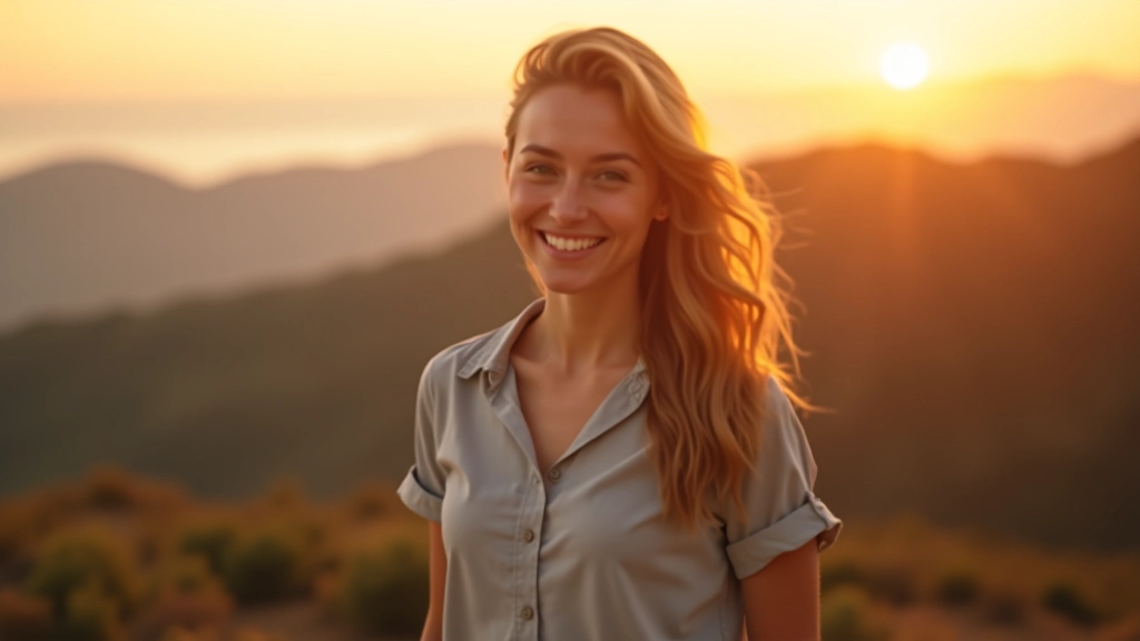 Mulher ao ar livre ao pôr do sol, em pé em uma montanha ou colina com os braços abertos em atitude vitoriosa e expressão de paz