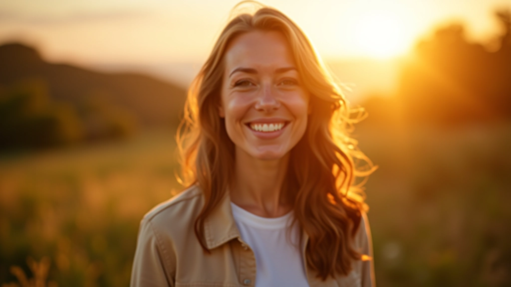 Mulher sorrindo genuinamente em um cenário natural ao pôr do sol com expressão de contentamento