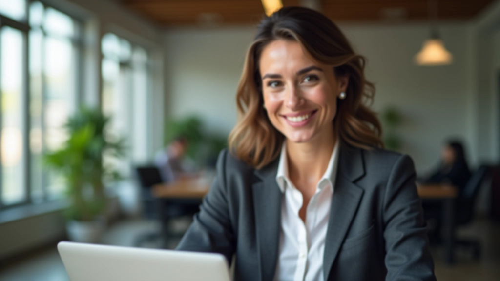 Mulher em um escritório moderno, focada em seu trabalho com expressão de determinação e confiança