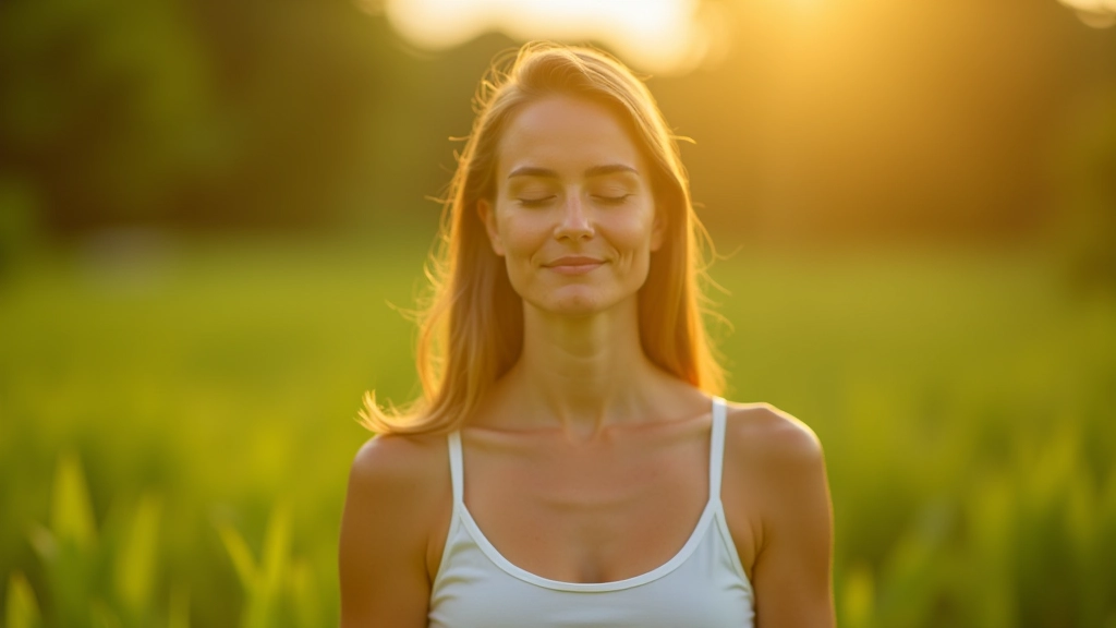 Mulher em meditação ao ar livre, ambiente sereno com luz natural, natureza verde, expressão pacífica e bem-estar, fotografia profissional