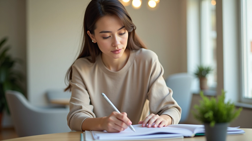 Mulher trabalhando em espaço de trabalho moderno com anotações e materiais de desenvolvimento pessoal ao redor