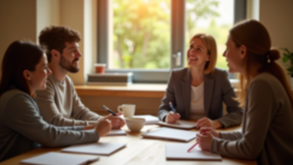 Sala de workshop com pessoas conversando, ambiente acolhedor, luz natural, materiais educativos, atmosfera colaborativa, fotografia profissional